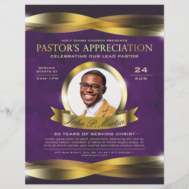 Gold & Purple Pastor's Appreciation Church Service Flyer (Front)
