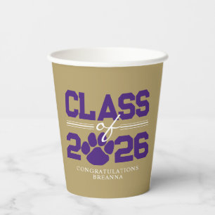 Gold & Purple Pawprint Class of Graduation Paper Cups