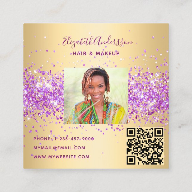 Gold purple pink profile photo qr code square business card (Back)