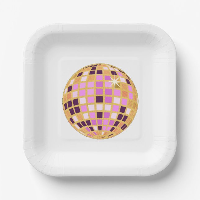 Gold Purple Retro Modern Disco Ball  Paper Plate (Front)