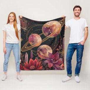 Gold Purple Ringed Planet Celestial Garden Fleece Blanket