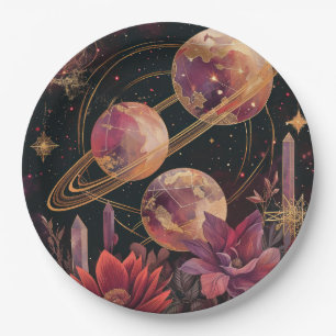 Gold Purple Ringed Planet Celestial Garden Paper Plate