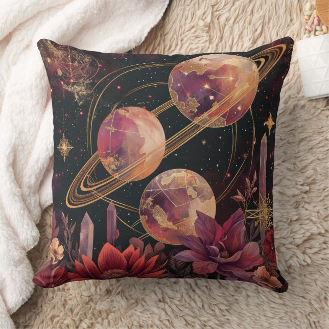 Gold Purple Ringed Planet Celestial Garden Throw Pillow (Blanket)