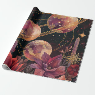 Gold Purple Ringed Planet Celestial Garden Wrapping Paper