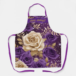 Gold & Purple Roses "Happy Holiday's!!!" Floral  Apron
