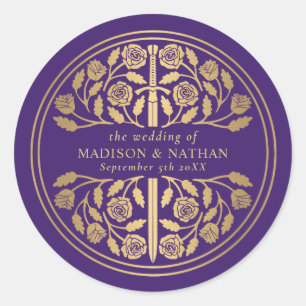 Gold Purple Royal Medieval Sword Wedding  Classic Round Sticker