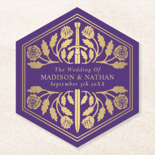 Gold Purple Royal Medieval Sword Wedding Paper Coaster