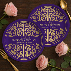 Gold Purple Royal Medieval Sword Wedding Paper Plate
