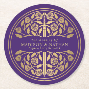 Gold Purple Royal Medieval Sword Wedding Round Paper Coaster