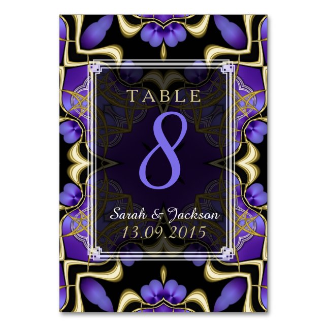Gold Purple Satin Magic Wedding Table Number Card (Front)