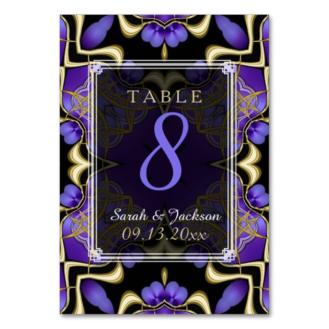 Gold Purple Satin Magic Wedding Table Number Card (Front)