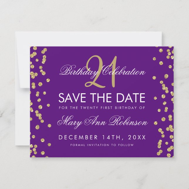 Gold Purple Save the Date 21st Birthday Confetti (Front)