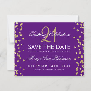 Gold Purple Save the Date 21st Birthday Confetti