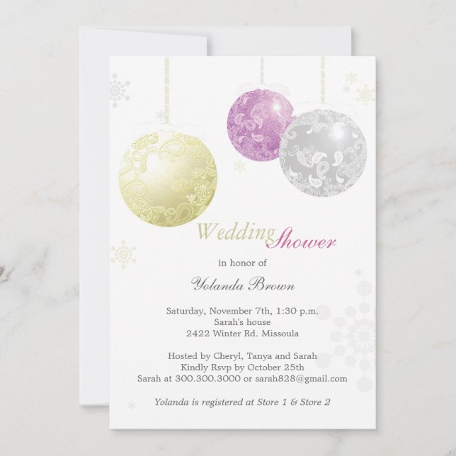 Gold Purple Silver Winter Bridal Shower Invitation (Front)