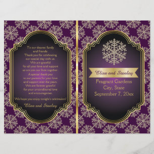 Gold, purple snowflake folded wedding program
