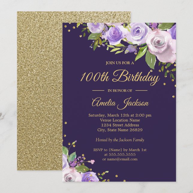 Gold Purple Sparkle Floral 100th Birthday Invite (Front/Back)