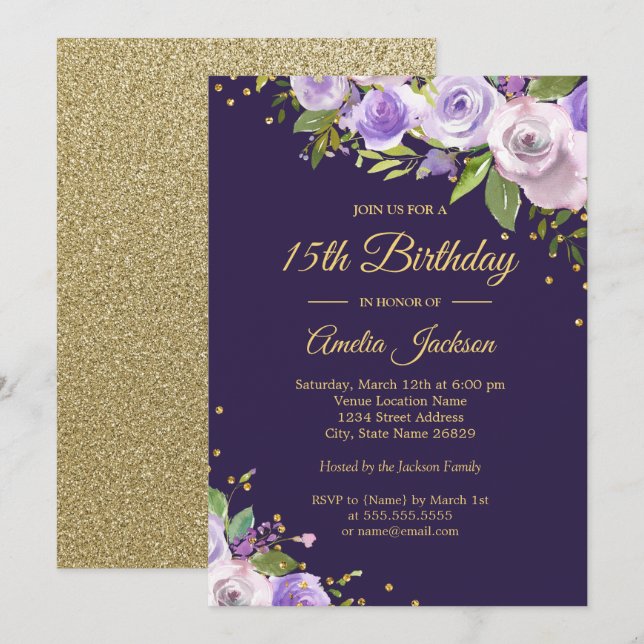 Gold Purple Sparkle Floral 15e Invitation d'annive (Devant / Derrière)
