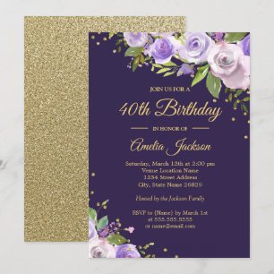 Gold Purple Sparkle Floral 40th Birthday Invite