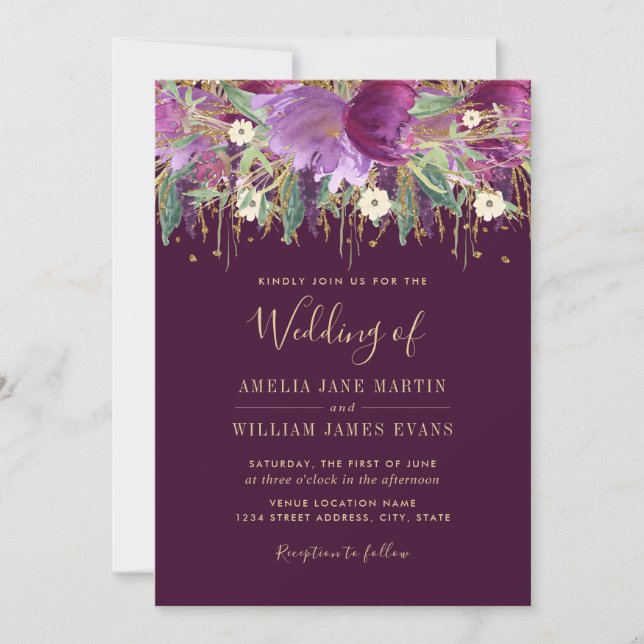 Gold Purple Sparkling Amethyst Wedding Invitation (Front)