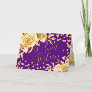 Gold Purple Sweet 16 Glitter Confetti Floral Holiday Card