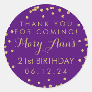 Gold Purple Thank You 21st Birthday Confetti Classic Round Sticker