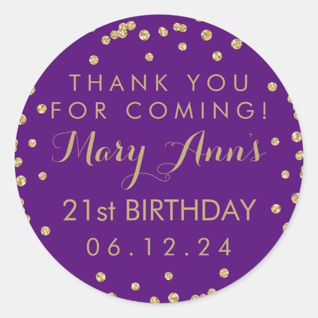Gold Purple Thank You 21st Birthday Confetti Classic Round Sticker (Front)