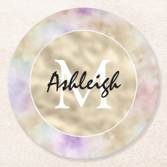Gold Purple Tie dye Monogram     Coaster (Front)