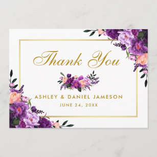 Gold Purple Ultra Violet Floral Wedding Thank You