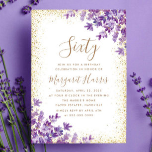 Gold Purple Violet Lavender 60th Sixty Birthday Invitation