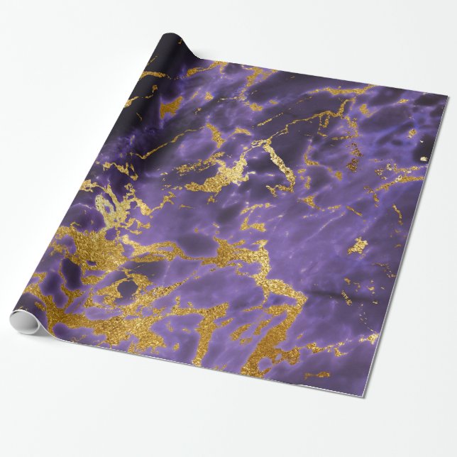 Gold Purple Violet Marble Fluid Metallic Foil Wrapping Paper (Unrolled)
