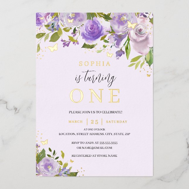 Gold Purple Watercolor Floral Girl 1st Birthday (Front)