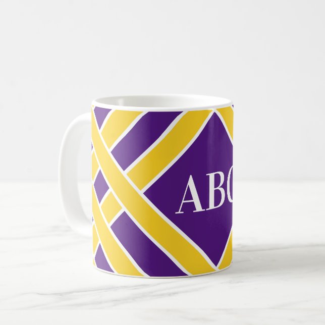 Gold/purple/white bands,stripes, customize initial coffee mug (Front Left)
