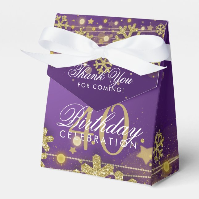 Gold Purple Winter 40th Birthday Thank You Favor Box (Front Side)