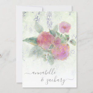 *~* Gold QR AR12 Damask RSVP Rose Bouquet Wedding  Invitation