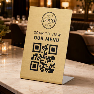 Gold QR Code Menu Tabletop Display Pedestal Sign