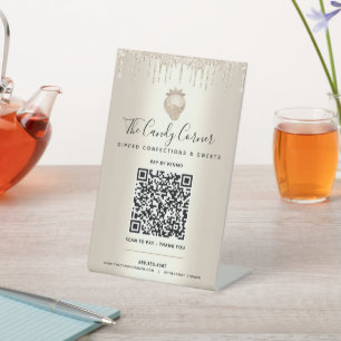 Gold QR Code Pay Here Strawberry Glitter Drips Pedestal Sign