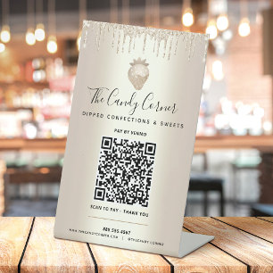 Gold QR Code Pay Here Strawberry Glitter Drips Pedestal Sign