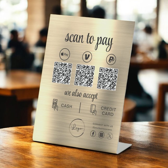 Gold QR Code Payment Scan to Pay Business Logo Pedestal Sign (Creator Uploaded)