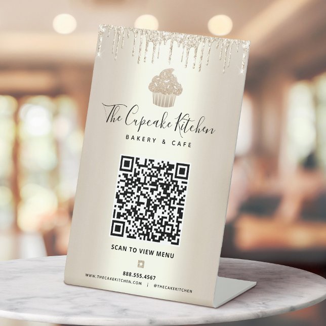 Gold QR Code Scan Menu Cupcake Glitter Bakery Cafe Pedestal Sign (Creator Uploaded)