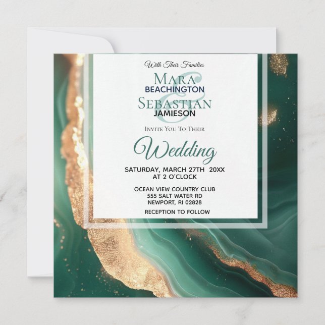 *~*GOLD QR  EMERALD GREEN Agate RSVP AR66 Wedding Invitation (Front)