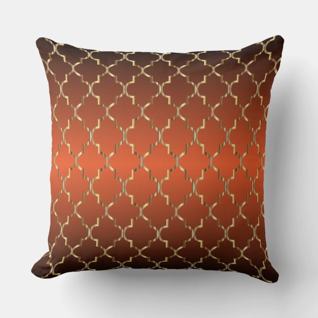 Gold Quatrefoil Pattern on Burnt Orange Throw Pillow (Front)
