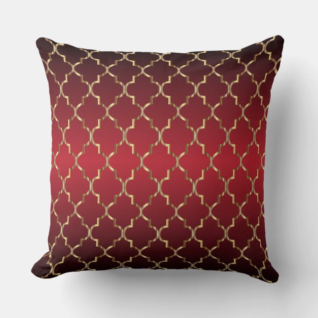 Gold Quatrefoil Pattern on Deep Red Blend Throw Pillow (Front)
