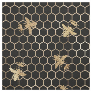 Gold Queen Bee and Honeycomb on Black Fabric