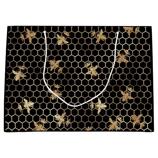 Gold Queen Bees and Honeycomb on Black Large Gift Bag (Front)