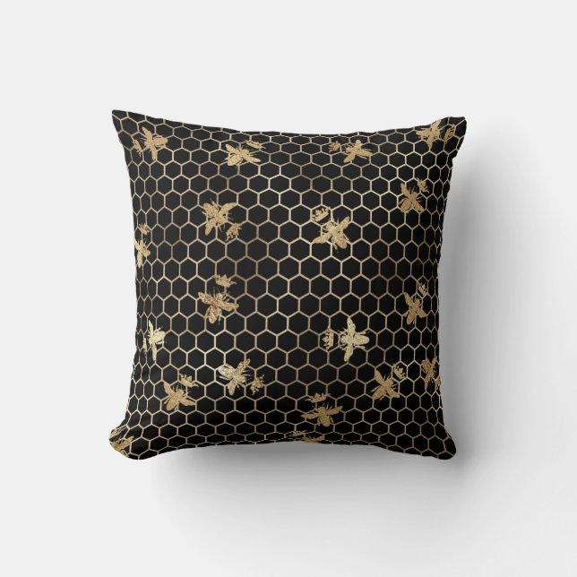 Gold Queen Bees and Honeycomb on Black Throw Pillow (Front)