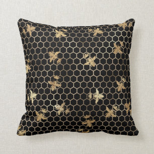 Gold Queen Bees and Honeycomb on Black Throw Pillow