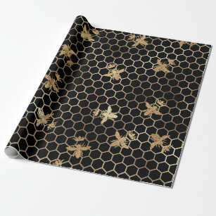 Gold Queen Bees and Honeycomb on Black Wrapping Paper