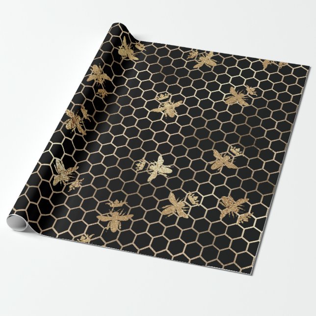 Gold Queen Bees and Honeycomb on Black Wrapping Paper (Unrolled)