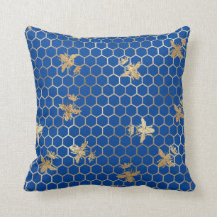 Gold Queen Bees and Honeycomb on Blue Throw Pillow