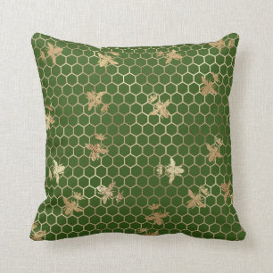 Gold Queen Bees and Honeycomb on Green Throw Pillow
